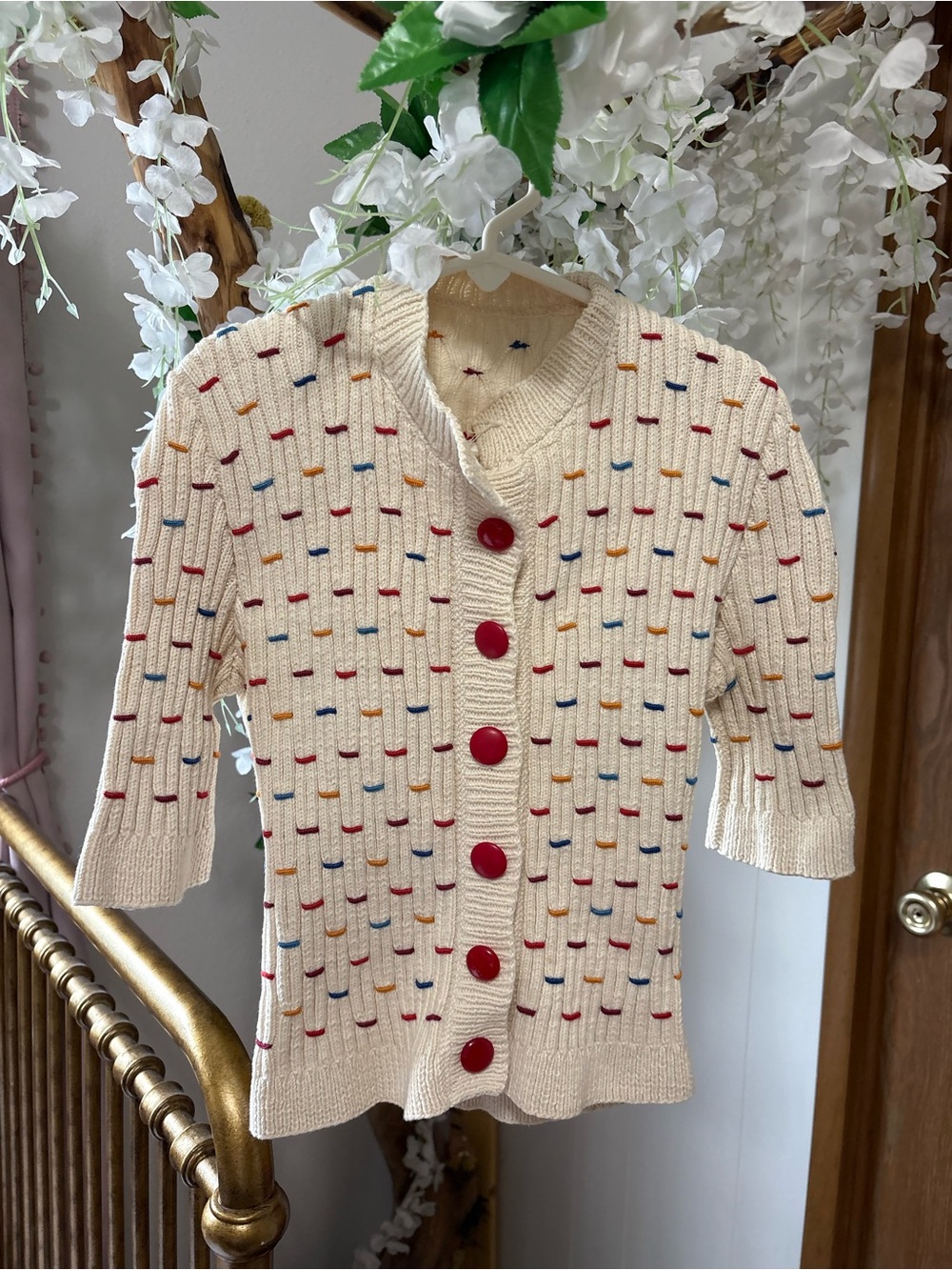 Vintage Cream Knit Kids Cardigan with Multicolor Stitches and Red Buttons